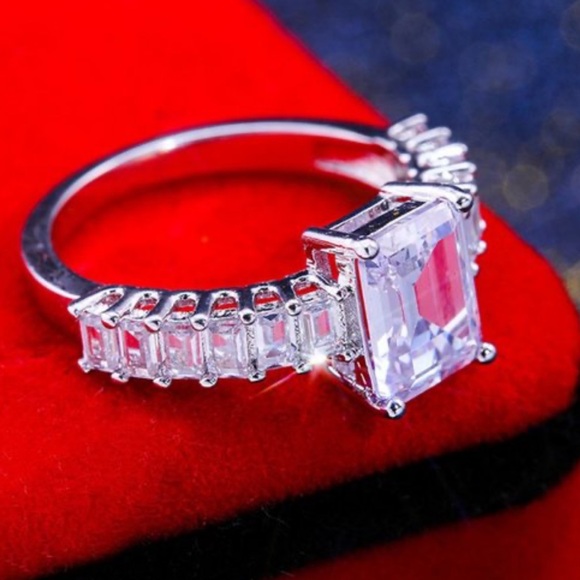 Sterling Silver Princess Cut Halo Baguette Diamond Ring - Picture 1 of 6